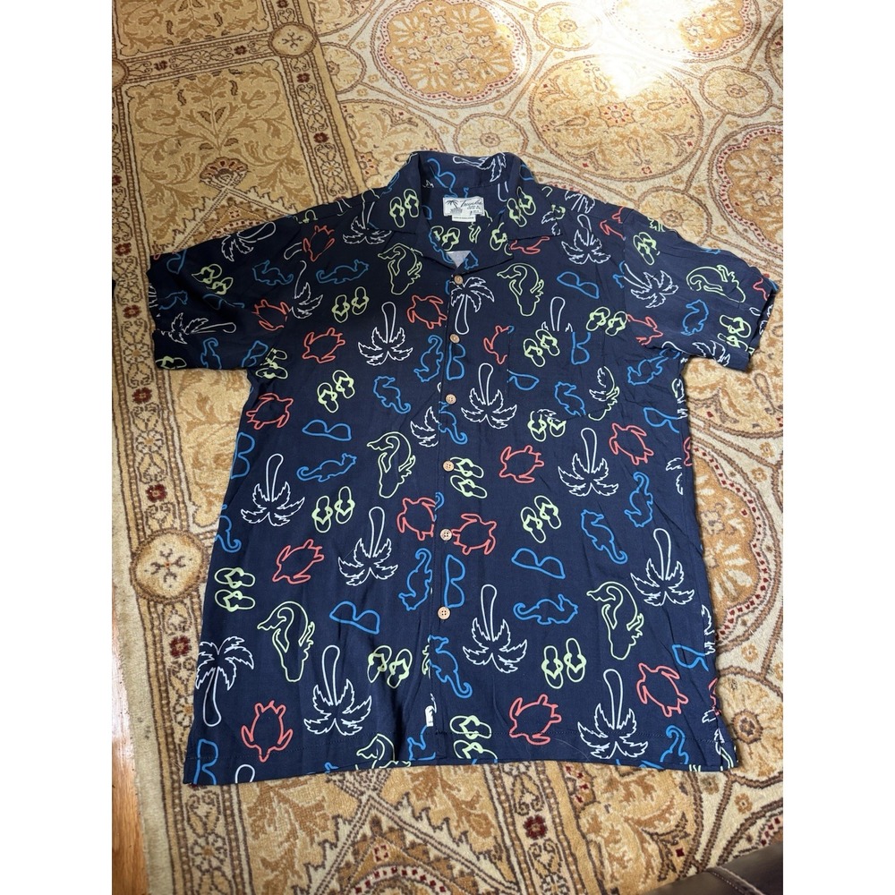 Trunks Surf&Swim Co. Blue M/Medium Beach Flip Flops Palm Tree Hawaiian Shirt EUC